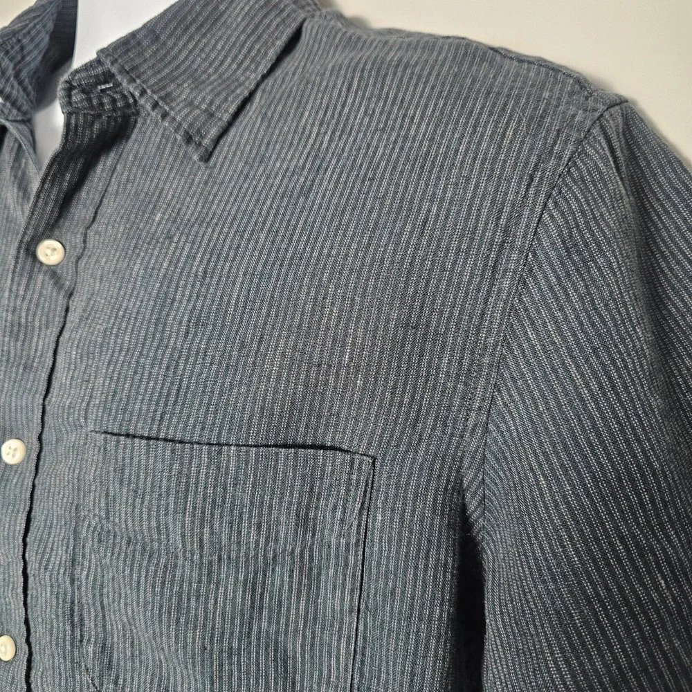 J. Crew Mens 100% Linen Striped Short Sleeve Shirt M Navy Blue Coastal Classic